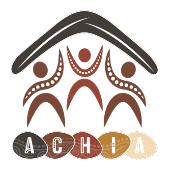 Logo showing a curved gray roof over three brown stylized people with dotted arches, and five circular badges spelling A C H I A