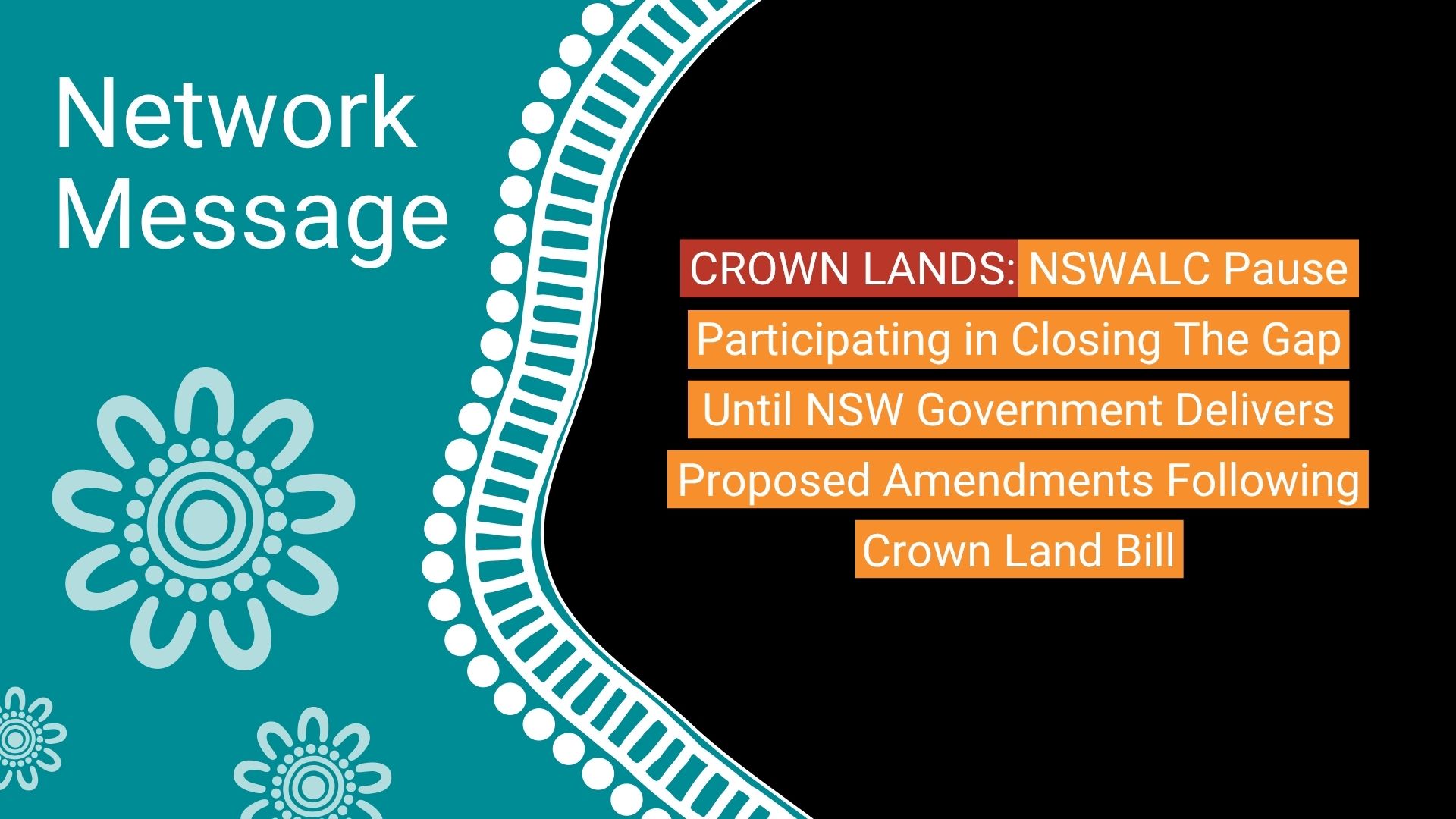 Banner with teal left panel saying 'Network Message' and floral motif; black right panel lists Crown Lands items in orange bars (informational).