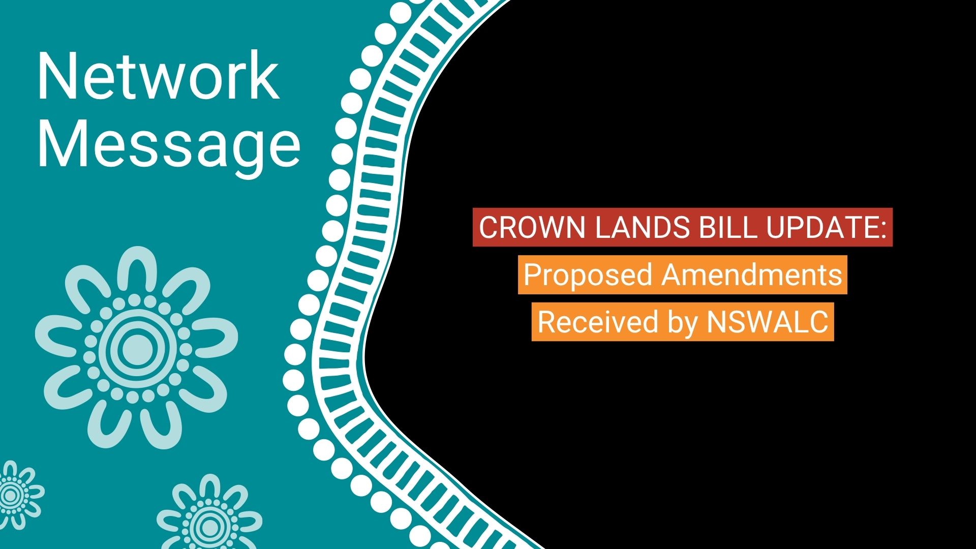 Teal panel with 'Network Message' and floral motif; black panel shows 'CROWN LANDS BILL UPDATE: Proposed Amendments Received by NSWALC' in red/orange ribbons