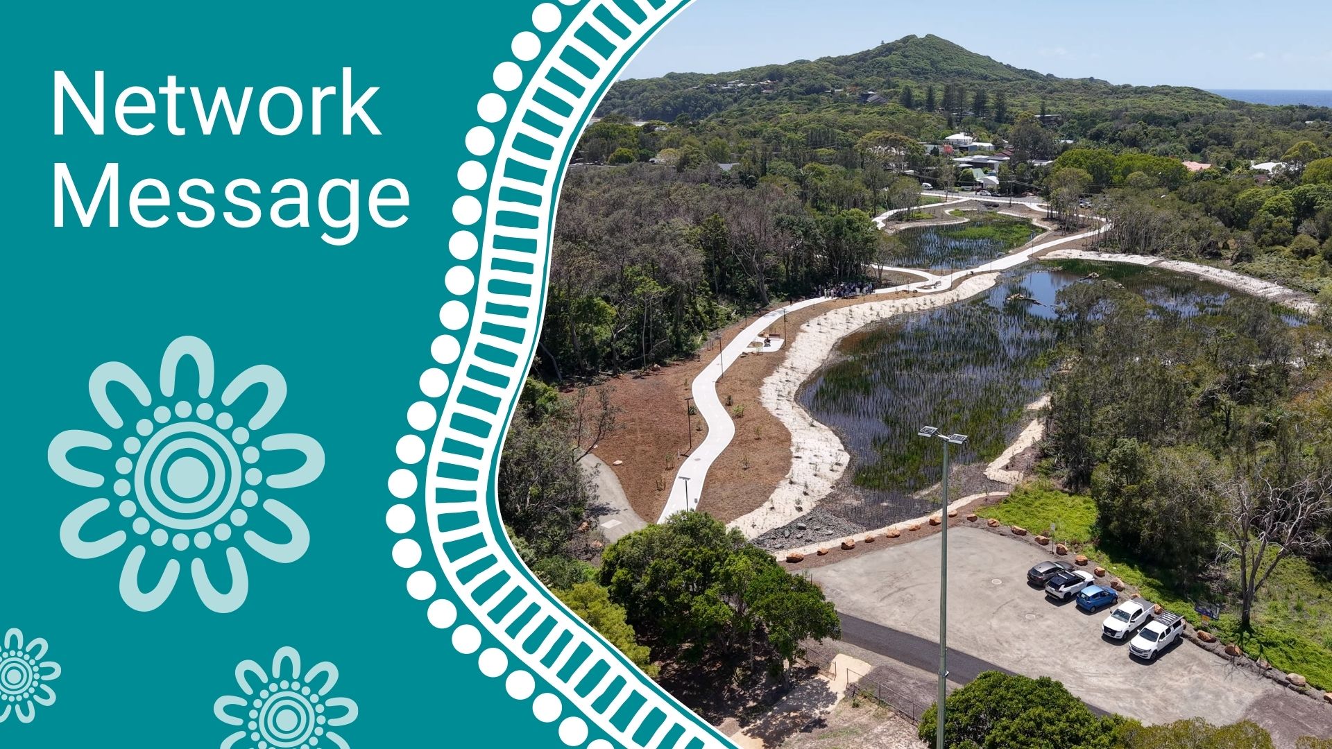 Teal banner with 'Network Message' text and decorative circles; aerial view of a park with winding paths and ponds.