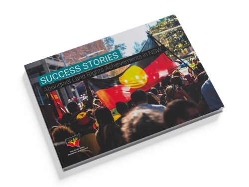 Cover of a booklet titled 'SUCCESS STORIES' showing an Aboriginal flag at a crowd rally in NSW, highlighting land rights achievements.
