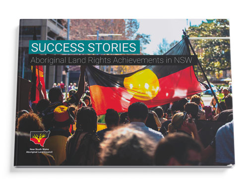 Crowd at an Aboriginal rights rally, large Aboriginal flag visible; overlay reads 'SUCCESS STORIES' and 'Aboriginal Land Rights Achievements in NSW'.