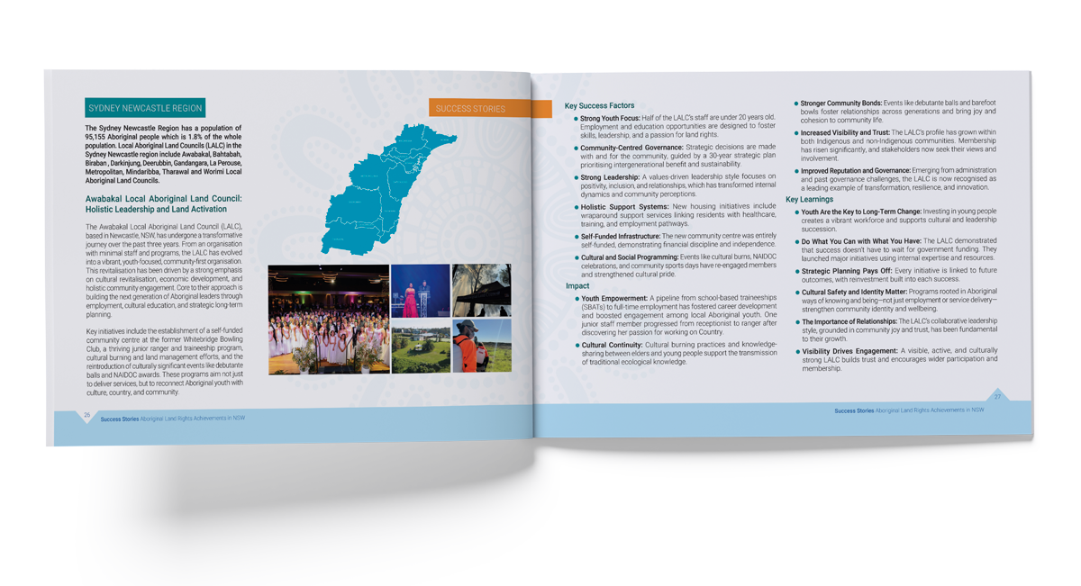 Spread from a brochure showing a blue map of New South Wales, photo collage, and text about Aboriginal land rights success stories in NSW.