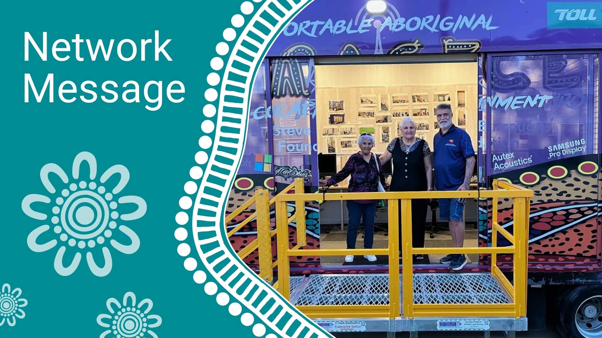 Three adults stand on a yellow safety platform beside a vibrant promotional bus with purple graphics, part of a 'Network Message' display on the left.