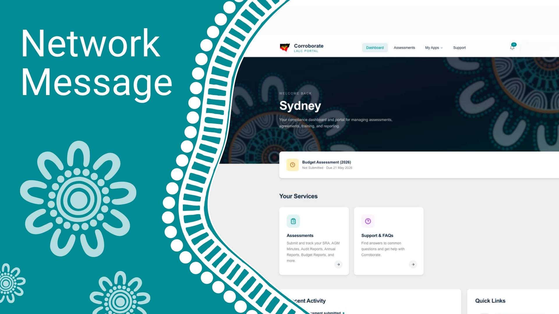 Teal banner with bold 'Network Message' text and decorative circular motifs, alongside a dashboard screenshot on the right.