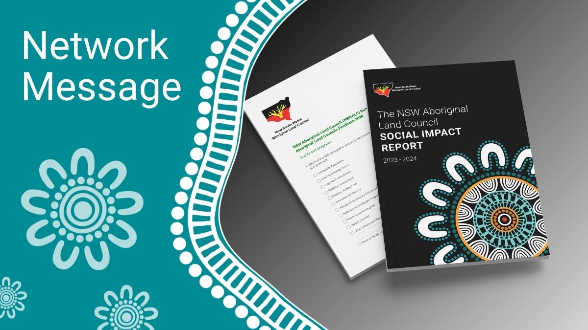 Teal panel with 'Network Message' text and decorative floral motif, plus two reports on the right (white page and black 'Social Impact Report' cover with circular pattern).