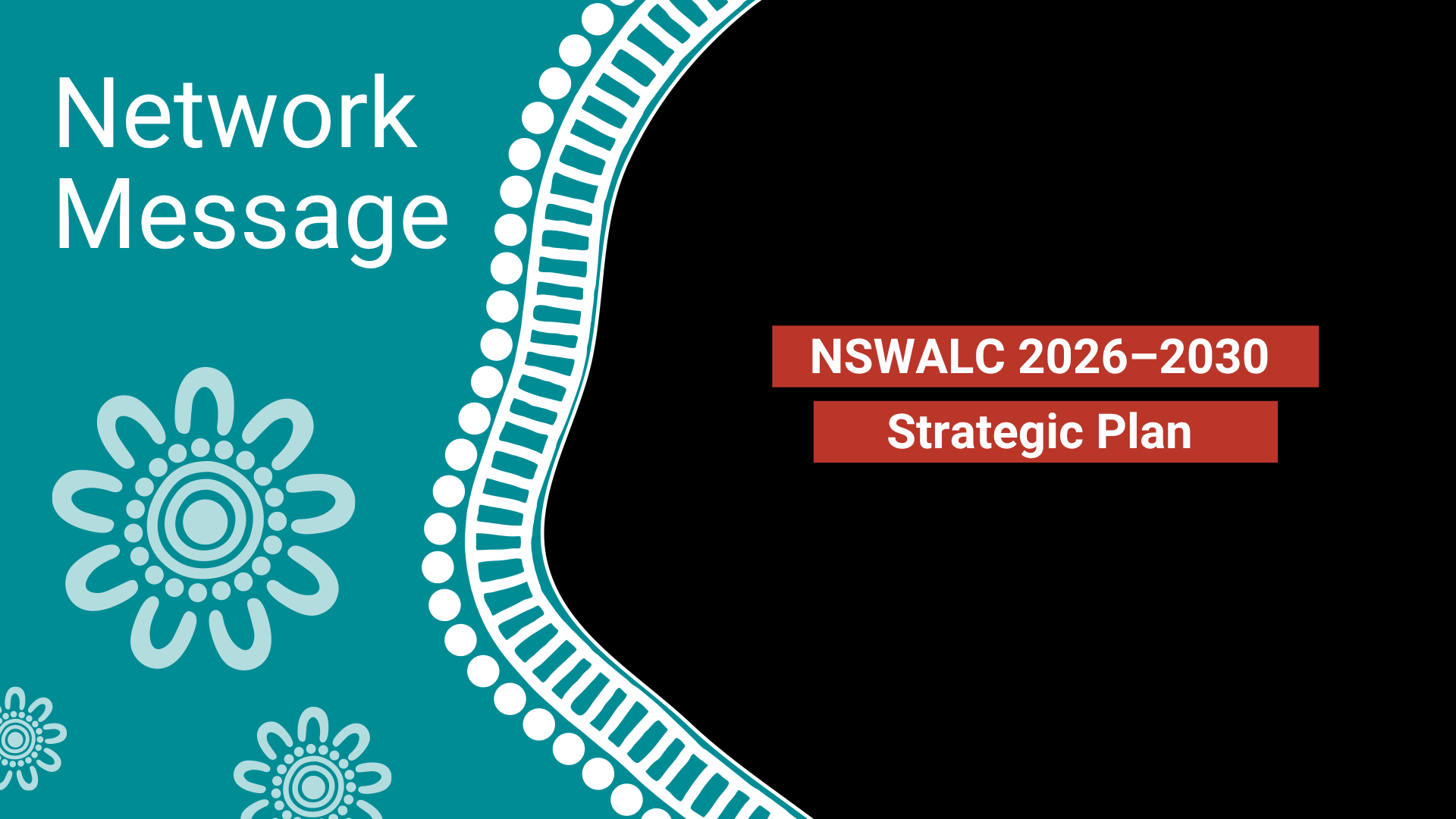 Left teal panel with a floral motif and the text 'Network Message'; right side on black background features red ribbons reading 'NSWALC 2026–2030 Strategic Plan'.