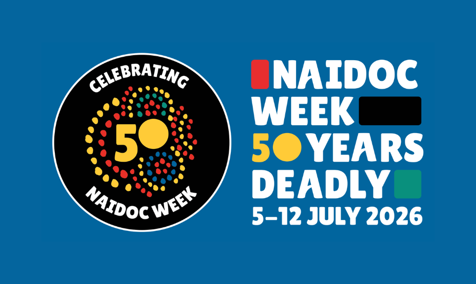 Left: black circular NAIDOC Week logo with a yellow '50' and colorful dotted spiral, right: bold white 'NAIDOC Week 50 Years Deadly' with date '5–12 July 2026' on blue background.