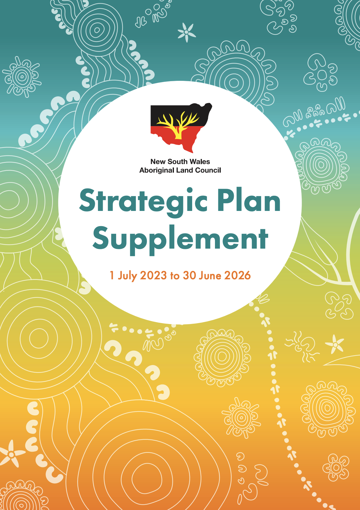 Poster for NSW Aboriginal Land Council: 'Strategic Plan Supplement' with dates 1 July 2023–30 June 2026 on a colorful abstract background.