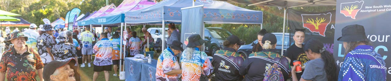 Crowd at an outdoor festival with colorful stalls and tents, people mingling under banners for Aboriginal land services.